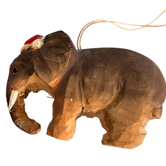 Hand-Carved Balsa Wood Elephant Ornament With Red Cap - Picture 4 of 6